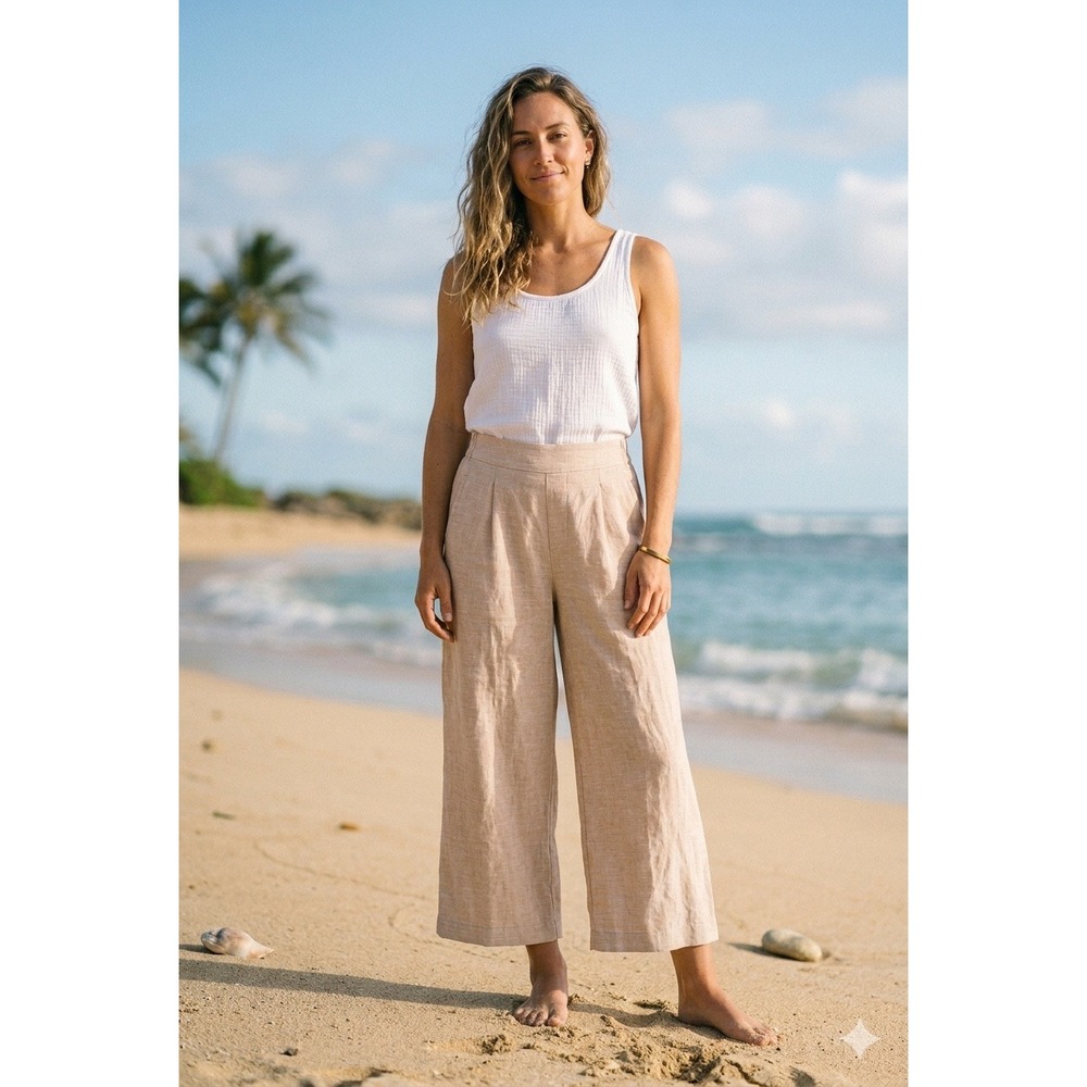 Bohemian Oatmeal Linen Blend Wide‎ Leg Crop Pants Palazzo Beach Resort Size M